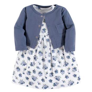 Luvable Friends Baby and Toddler Girl Dress and Cardigan 2pc Set, Blue Floral