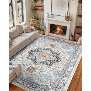 Washable Vintage Floral Area Rug, Non-Slip Retro Carpet, Soft Low-Pile for Living Room, Bedroom, Hallway, Neutral Tones - 1 of 4