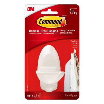 Command Double Hook: Heavy Duty Adhesive Hooks, White, 3 lb Capacity, Plastic, 1 Pack
