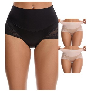 INSPIRE CHIC Women's Hi-Cut Satin High Waisted Lace Trimmed Tummy Control Underpants Briefs 3 Packs - 1 of 4