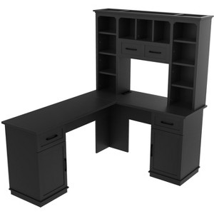 Gulches L Shaped Computer Desk with Power Outlet 2 Cabinets 2 Drawers 11 Open Shelves Study Office Living Room Desk Black - 1 of 4