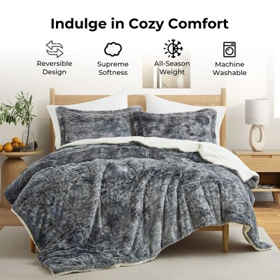 Peace Nest 3 Piece Winter Reversible Faux Shearling Comforter Set Ultra Soft Minky Blanket Plush and Fuzzy Fleece Microfiber