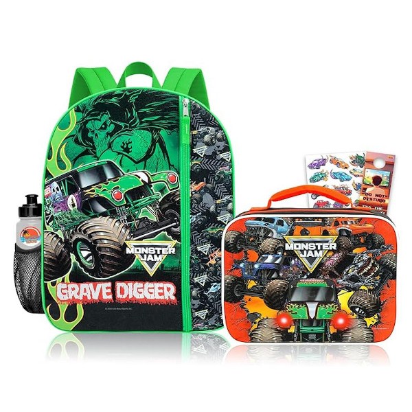 Mochila Monster Jam de 16 pulgadas para niños, Grave Digger, con bolsillo frontal y malla lateral, ligera 4