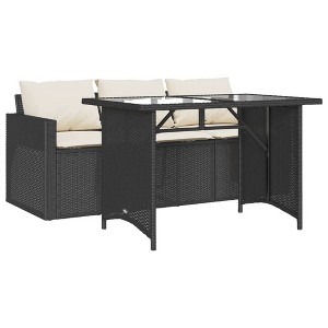 vidaXL Patio Dining Set with Cushions - 2 Piece PE Rattan Furniture, Black - Rectangular Glass Table, 3-Seater Sofa, Cream-White Cushions - 1 of 4