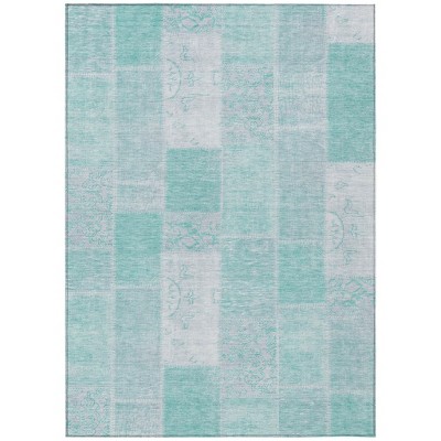Aqua Teal Blue And Silver Patchwork Washable Indoor Outdoor Area Rug