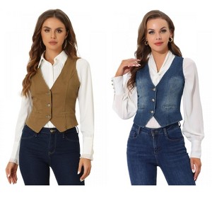 INSPIRE CHIC Women's Denim Sleeveless V Neck Button Down Casual Waistcoat Vest 2 Packs - 1 of 4