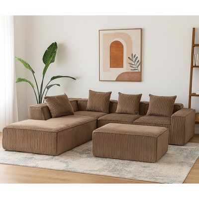 Corduroy Modular Compression Convertible L-Shaped Sectional Sofas with High-Density Sponge Filling and 5 Throw Pillows, No Assembly Required