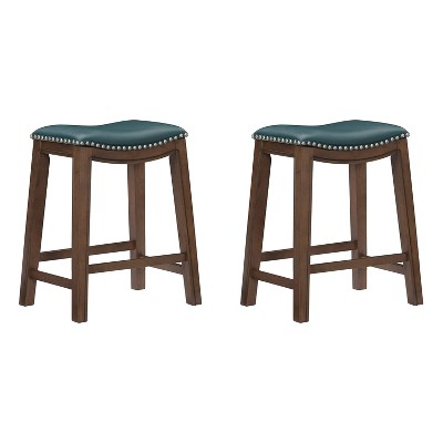 Homelegance 24" Counter Height Wooden Stool Saddle Seat Barstool, Green (2 Pack)
