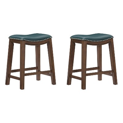 Homelegance 24" Counter Height Wooden Stool Saddle Seat Barstool, Green (2 Pack)