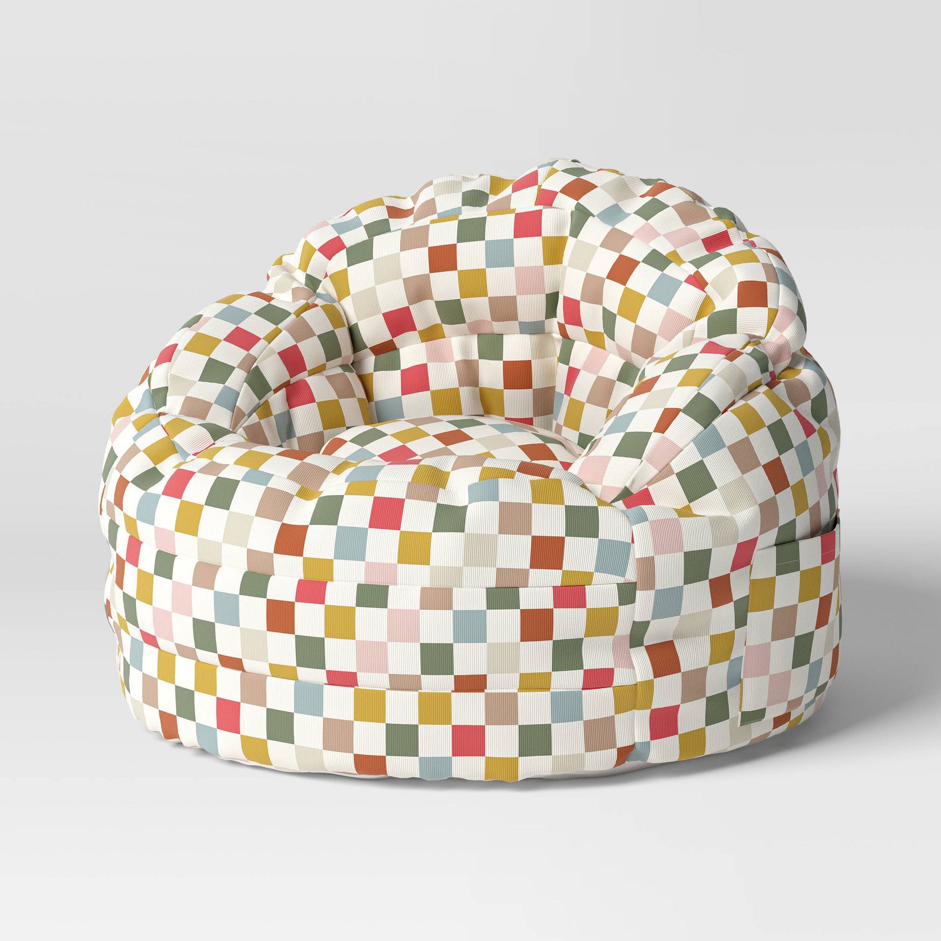 Settle in Kids' Bean Bag Checkered - Pillowfort™: Multicolored, Double-Stitched, Pocket, Handle, Indoor Use, Ages 3-9