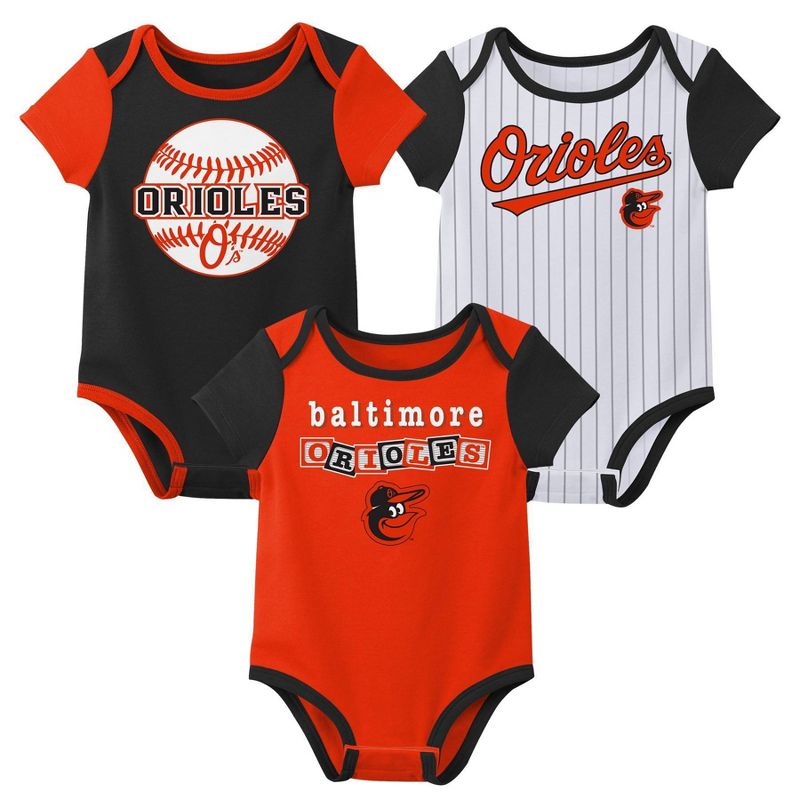 MLB Baltimore Orioles Baby Boys&#39; Pinstripe 3pk Bodysuit - 0-3M, 1 of 5