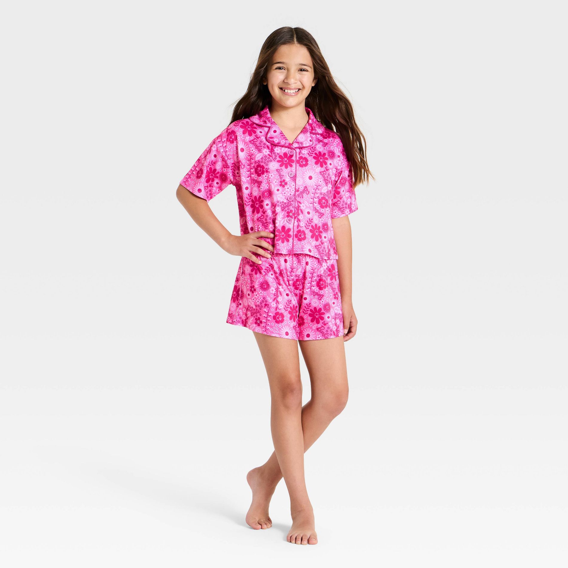 Girls' 2pc Barbie Button-Down Pajama Set - Pink S