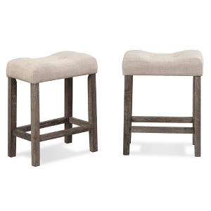 Fabric Button Tufted Saddle Counter Stools, Set of 2 with Contoured Seat, Footrest and Solid Wood Frame for Kitchen and Dining - 1 of 4