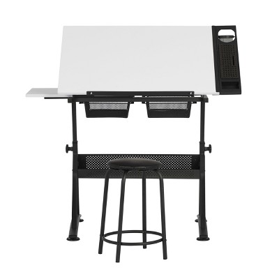 Adjustable White Metal Drafting Table with Storage Drawers
