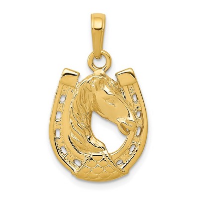 Black Bow Jewelry 14k White or Yellow Gold Horse Head and Horseshoe Pendant, 15mm
