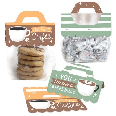 Big Dot of Happiness But First, Coffee - DIY Cafe Themed Party Clear Goodie Favor Bag Labels - Candy Bags with Toppers - Set of 24