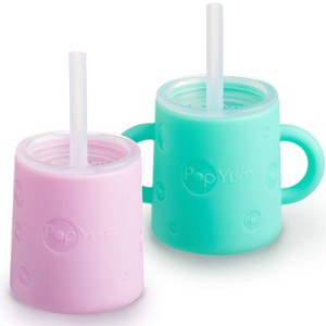 PopYum Silicone Training Cup with Straw + Lid, 2-Pack for Baby, Infant and Toddler, Tumbler, Sippy, handles, 5 ounce (green, pink) - 1 of 4
