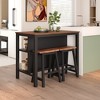 3-piece 45" Stationary Kitchen Island Set with 2 Seatings, Rubber Wood Butcher Block Dining Table Set Prep Table Set with 2 Open Shelves - 3 of 4