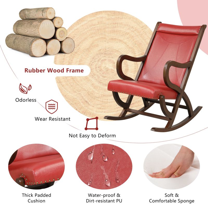 Tangkula Rocking Chair w/ Cushion Ergonomic Backrest &115-Degree Backrest Angle &Curved Armrests for Nursery Living Room Black/Red, 3 of 8