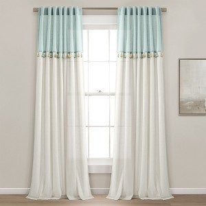 Boho Faux Linen Tassel Color Block Window Curtain Panel Blue/Off White 42X84 Set - 1 of 4