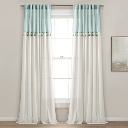 Boho Faux Linen Tassel Color Block Window Curtain Panel Blue/Off White 42X84 Set - image 1 of 4