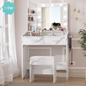 Jojoka Makeup Vanity Desk with Mirror and LED Lights, 9 Bulbs, Power Outlet, 2 Drawers, Shelves, Cushioned Stool, 3 Lighting Modes - 1 of 4