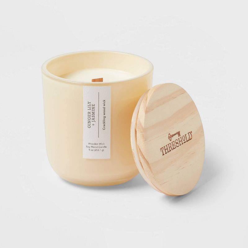 Round Base Glass Candle with Wooden Wick Ginger Lily & Jasmine Yellow - Threshold™, 3 of 4