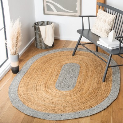 Gray and Natural Oval Braided Wool Cotton Rug 6' x 9'