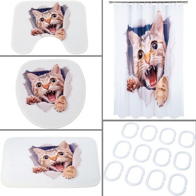 The Lakeside Collection Cat Memory Foam Bath Rugs & Shower Curtain Complete 16 Pc Set