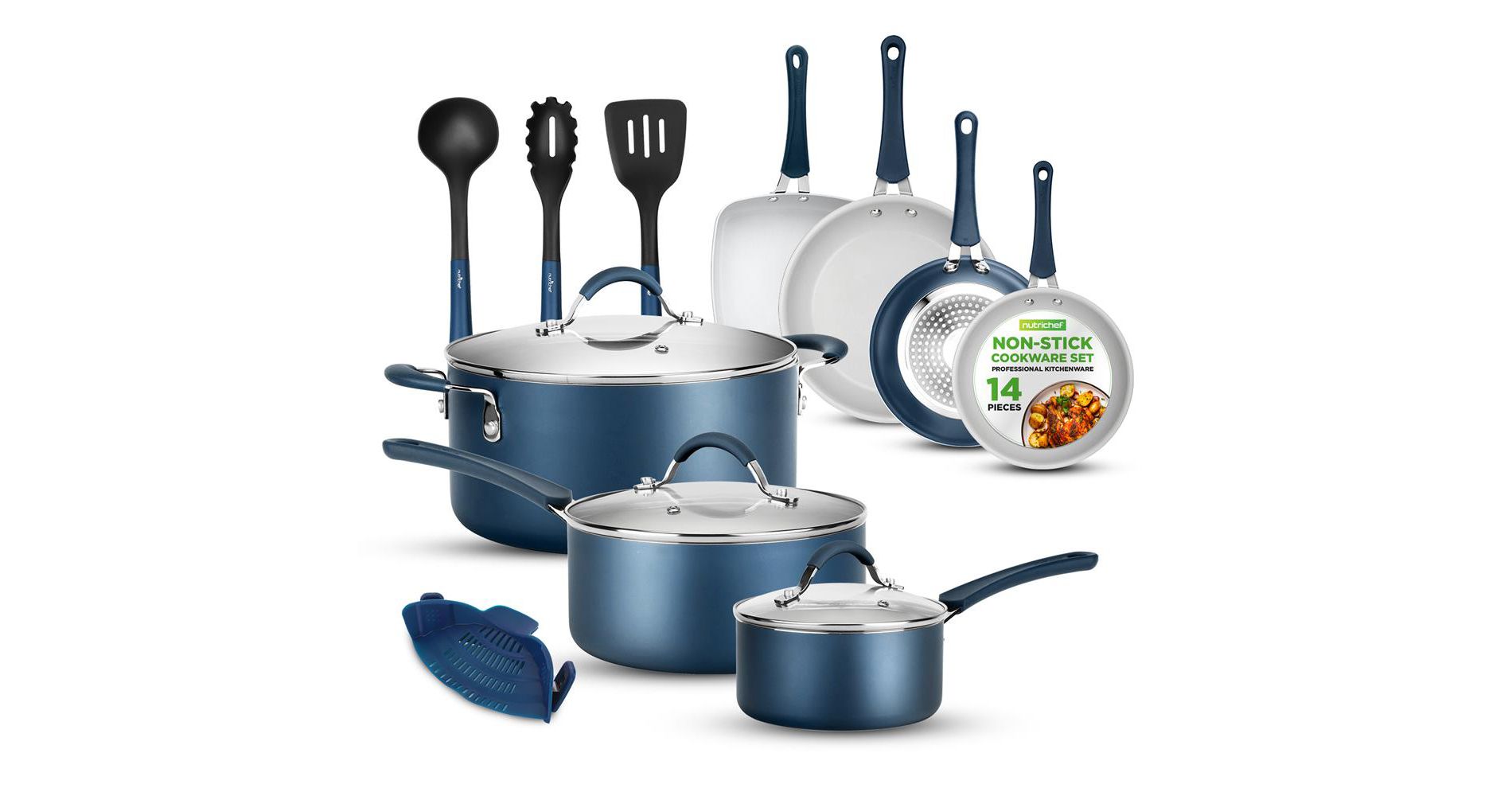 NutriChef 14-Piece Non-Stick Kitchen Cookware Set - Sauce Pots, Fry Pans, Dutch Oven, Soup Ladle, and Kitchen Tools (Blue)