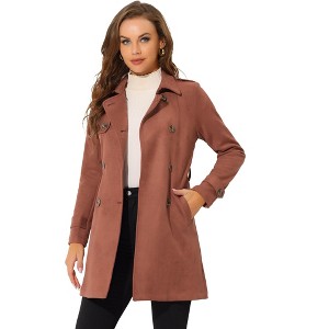 Allegra K Women's Notched Lapel Double Breasted Faux Suede Trench Coat with Belt - 1 of 4