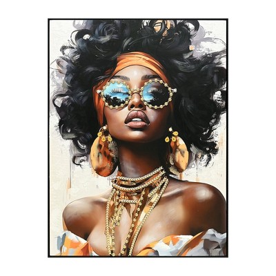 Gulches Canvas Wall Art Girl with Curly Hair Sunglasses Orange Headwrap Earrings and Necklaces