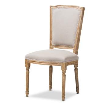 Cadencia French Vintage Cottage Weathered Oak Wood Finish and Fabric Upholstered Dining Side Chair - Beige - Baxton Studio