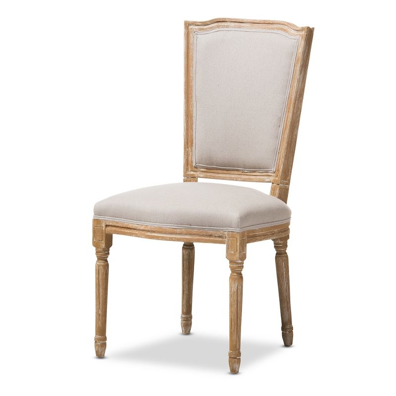 Cadencia French Vintage Cottage Weathered Oak Wood Finish and Fabric Upholstered Dining Side Chair - Beige - Baxton Studio, 1 of 8