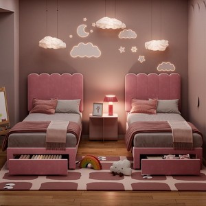 Twin Bed Frame with Storage Drawer and Headboard, Velvet Upholstered Twin Platform Bed Frame for Girls, Strong Wooden Slats Support, Noise-Free,2Pack - 1 of 4