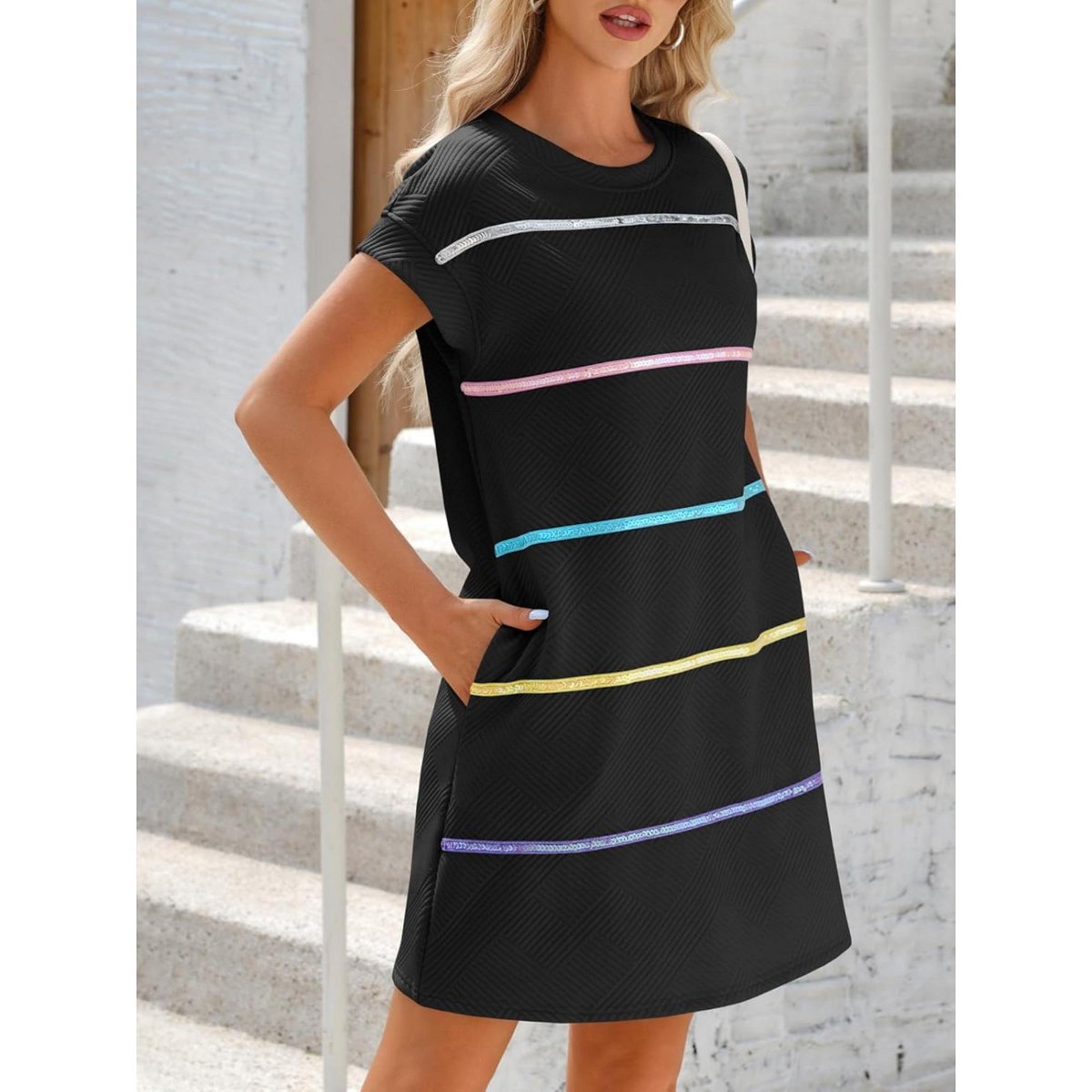 Женские платья Imily Bela Women's Mini Dress Textured T-Shirt Style Sequin Stripe Summer Casual Short Sleeve - Beach Party, Daily Wear Black M — фото 2