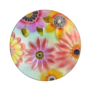 Alpine 18" Glass Birdbath with Colorful Flowers: Freestanding Garden Decor, Weather-Resistant - 1 of 4