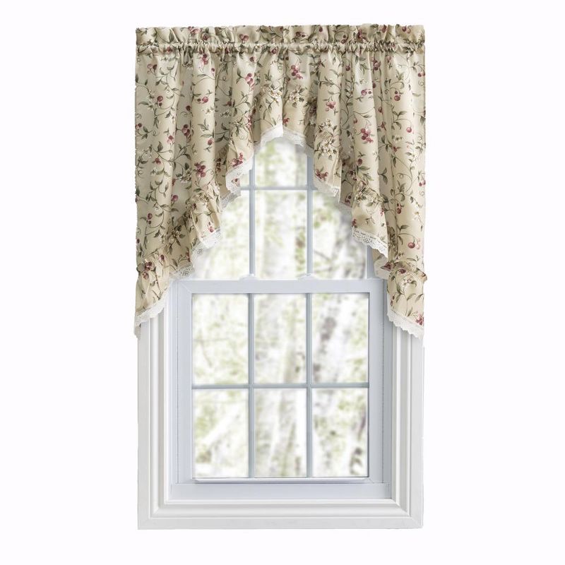 Ellis Curtain Cherries Ruffled 1.5" Rod Pocket Swag for Windows Lace Edge 58" x 36" Natural, 1 of 5