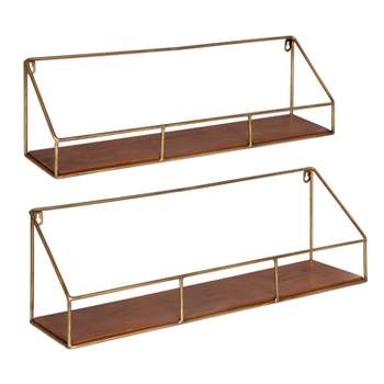 2pc Westland Wood and Metal Floating Wall Shelves Walnut Brown - Kate & Laurel All Things Decor