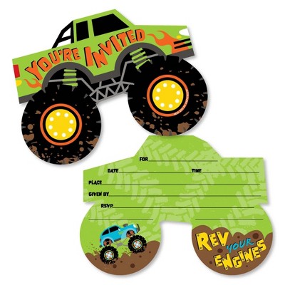 Big Dot of Happiness Smash and Crash - Monster Truck - Shaped Fill-In Invitations - Boy Birthday Party Invitation Cards with Envelopes - Set of 12