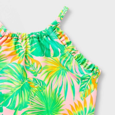 Cat & Jack Girls' Palms Leaves One Piece Swimsuit - Cat & Jack™ Green/Pink M — фото 3