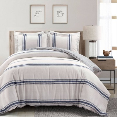 3pc Full/queen Farmhouse Stripe Reversible Duvet Set Navy Blue - Lush ...