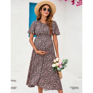 Women's Maternity Dress Floral Ruffles Short Sleeve Dress Boho Smocked Scoop Neck Midi Dress for Photoshoot Baby Shower - 1 of 4