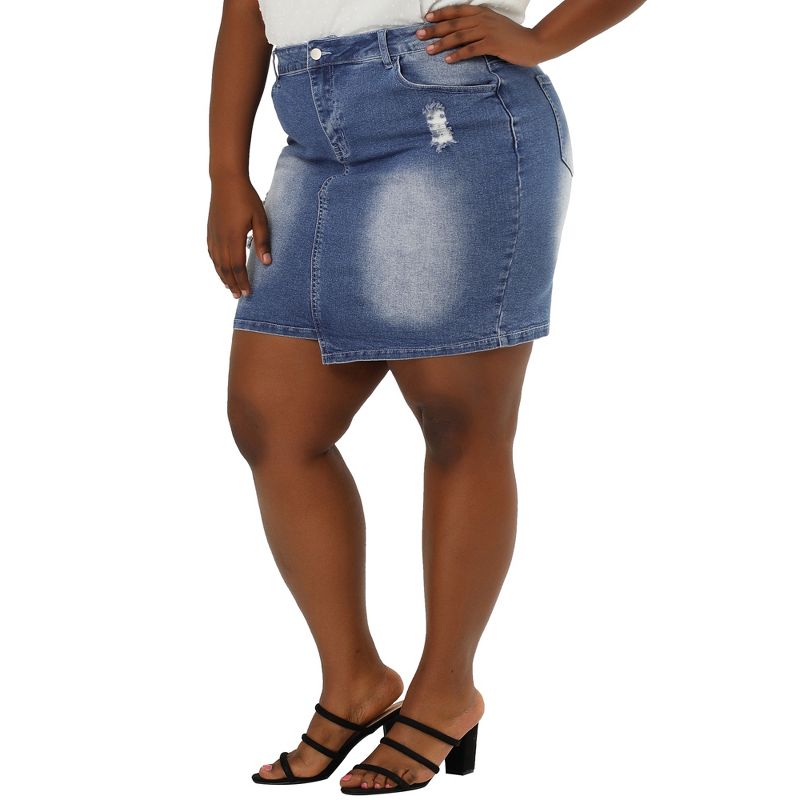 Agnes Orinda Women's Plus Size Ripped Slash Pocket Frayed Hem Denim Bodycon Skirt, 1 of 7