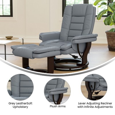 Gray Faux Leather Swivel Recliner with Ottoman and Wood Base
