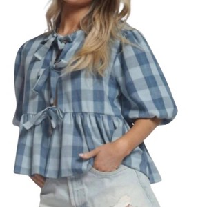 Women's Gauze Plaid Bow Blouse - Blue Buttercup - 1 of 3