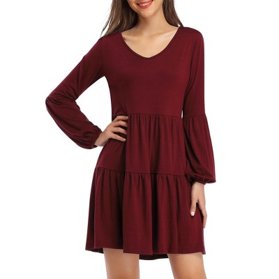 Women's Casual Long Sleeve Dresses for Women 2025 V Neck Ruffles Ruched Dress with Pockets