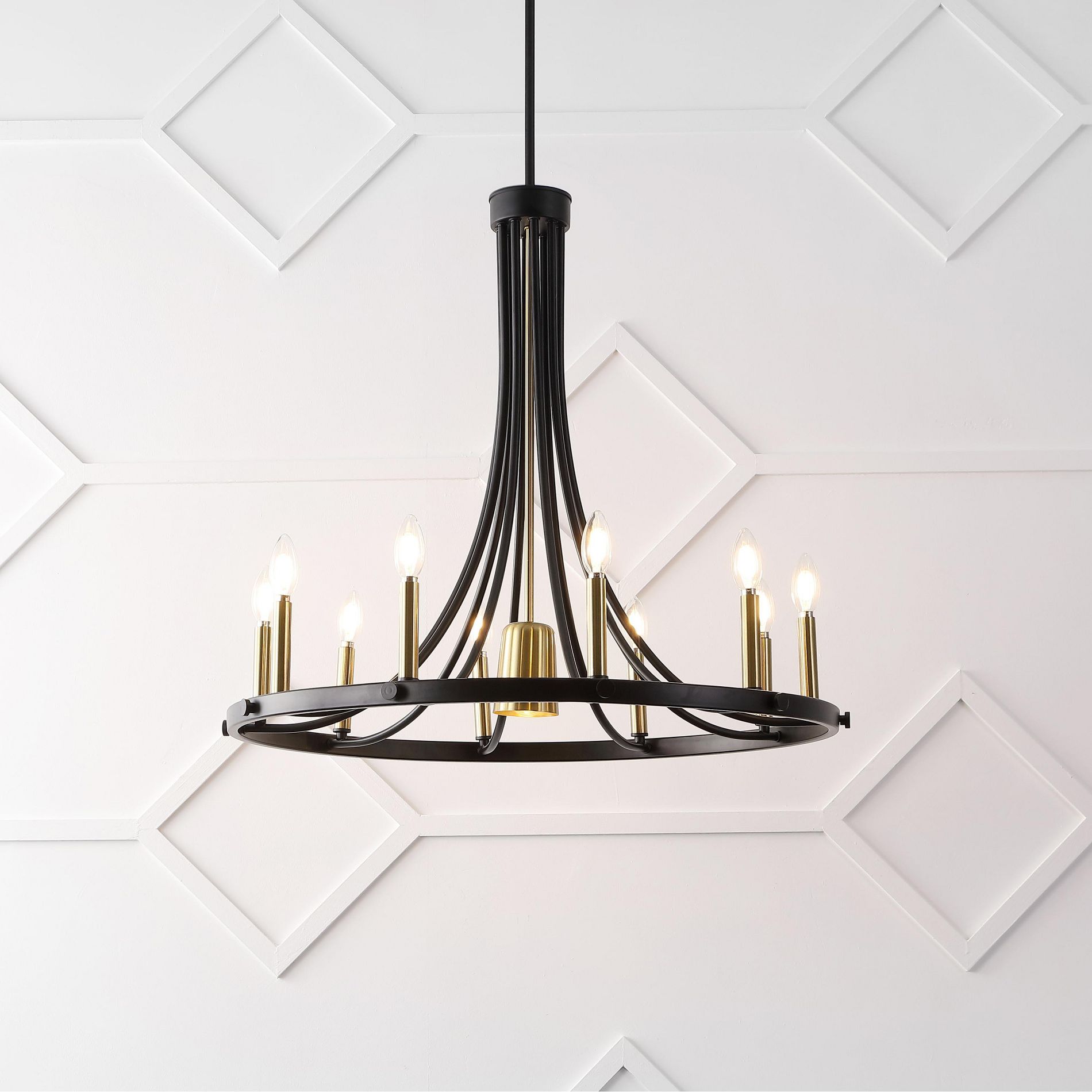 JONATHAN Y Dante 30" 11-Light Transitional Modern Iron Adjustable Wagon Wheel LED Chandelier with Downlight, Black/Brass Gold