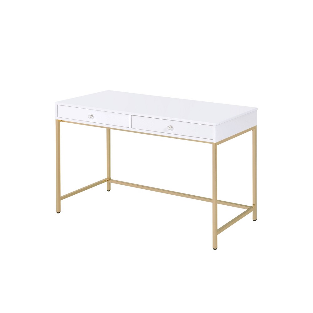 Photos - Office Desk Ottey 2 Drawer Desk White High Gloss/Gold - Acme Furniture