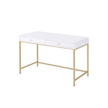 Ottey 2 Drawer Desk White High Gloss/Gold - Acme Furniture